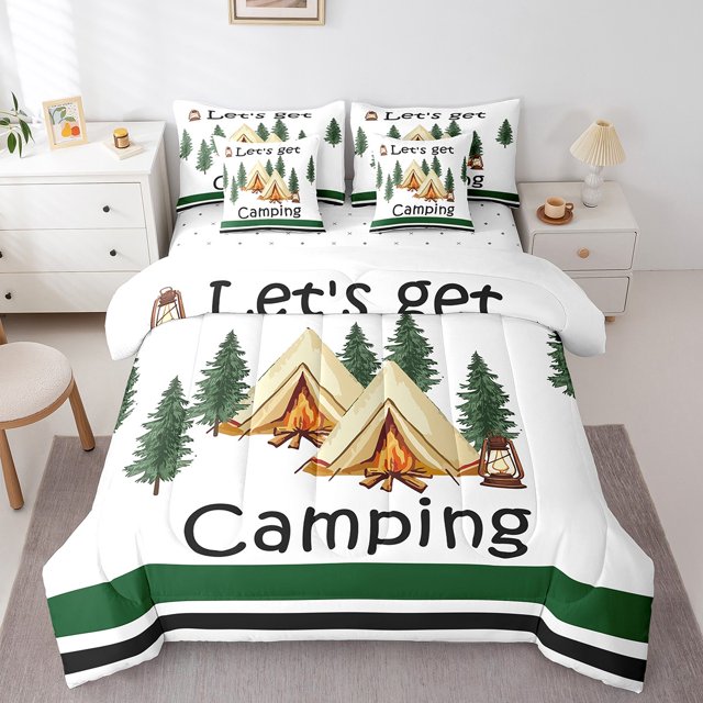 Erosebridal Literie Camping Heureux Taille Simple, Ensembles de Literie Véhicule Récréatif Taille Simple, Décor de Camping Dessin Animé, Réversible 7 Pcs