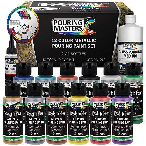 Pouring Masters 12 Color Metallic Ready to Pour Acrylic Pouring Paint Set - Premium Pre-Mixed High Flow 2-Ounce Bottles - for Canvas, Wood, Paper, Crafts, Tile, Rocks and More