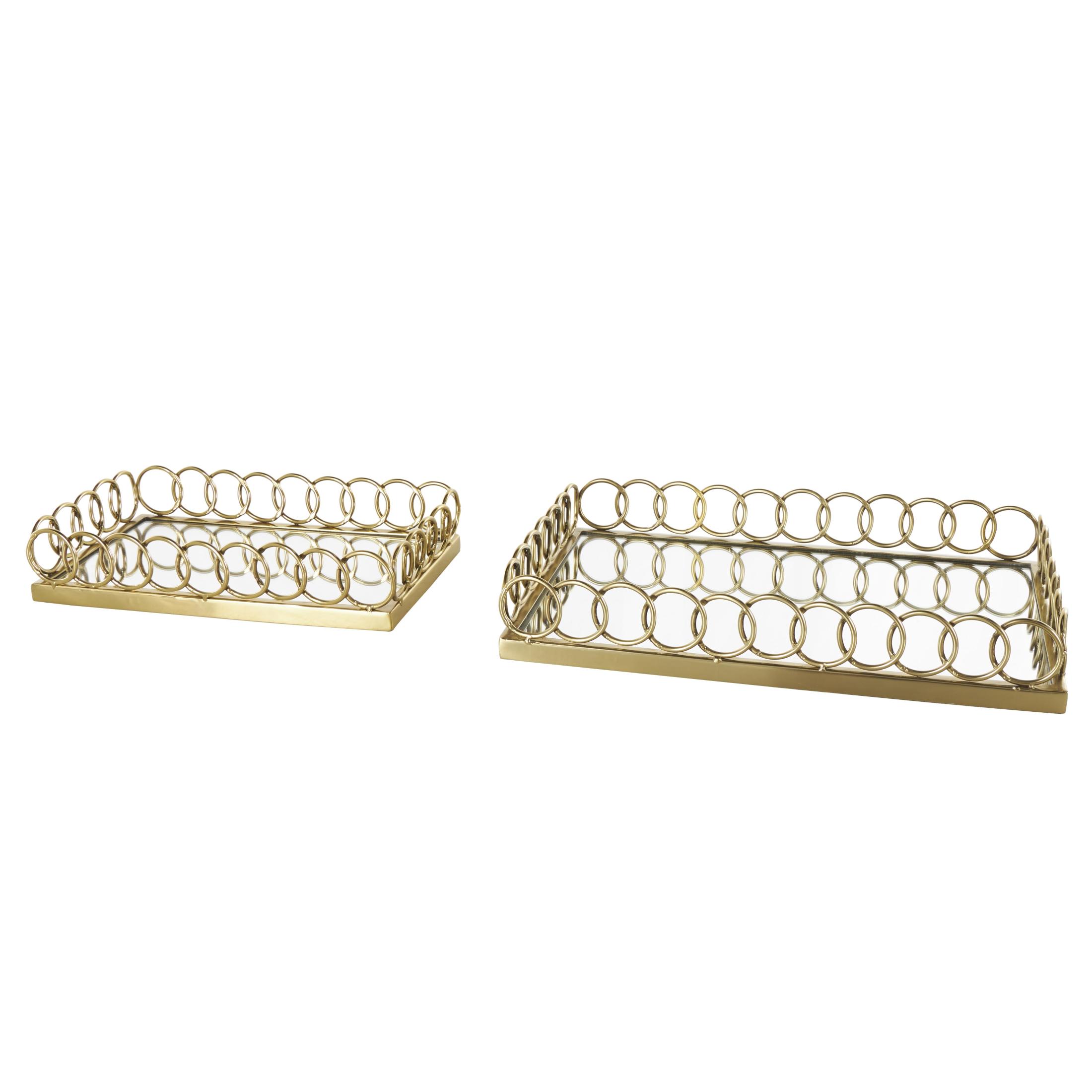 DecMode 18", 14"W Gold Stainless Steel Metal Mirrored Geometric Tray with Wire Rod Frame, 2-Pieces