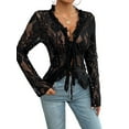 thumbnail image 3 of Women'S V Neck Lace Sheer Top Mesh See Through Shirts Open Front Tie Long Sleeve Blouses Y2k Going Out Tops Blue XL, 3 of 10