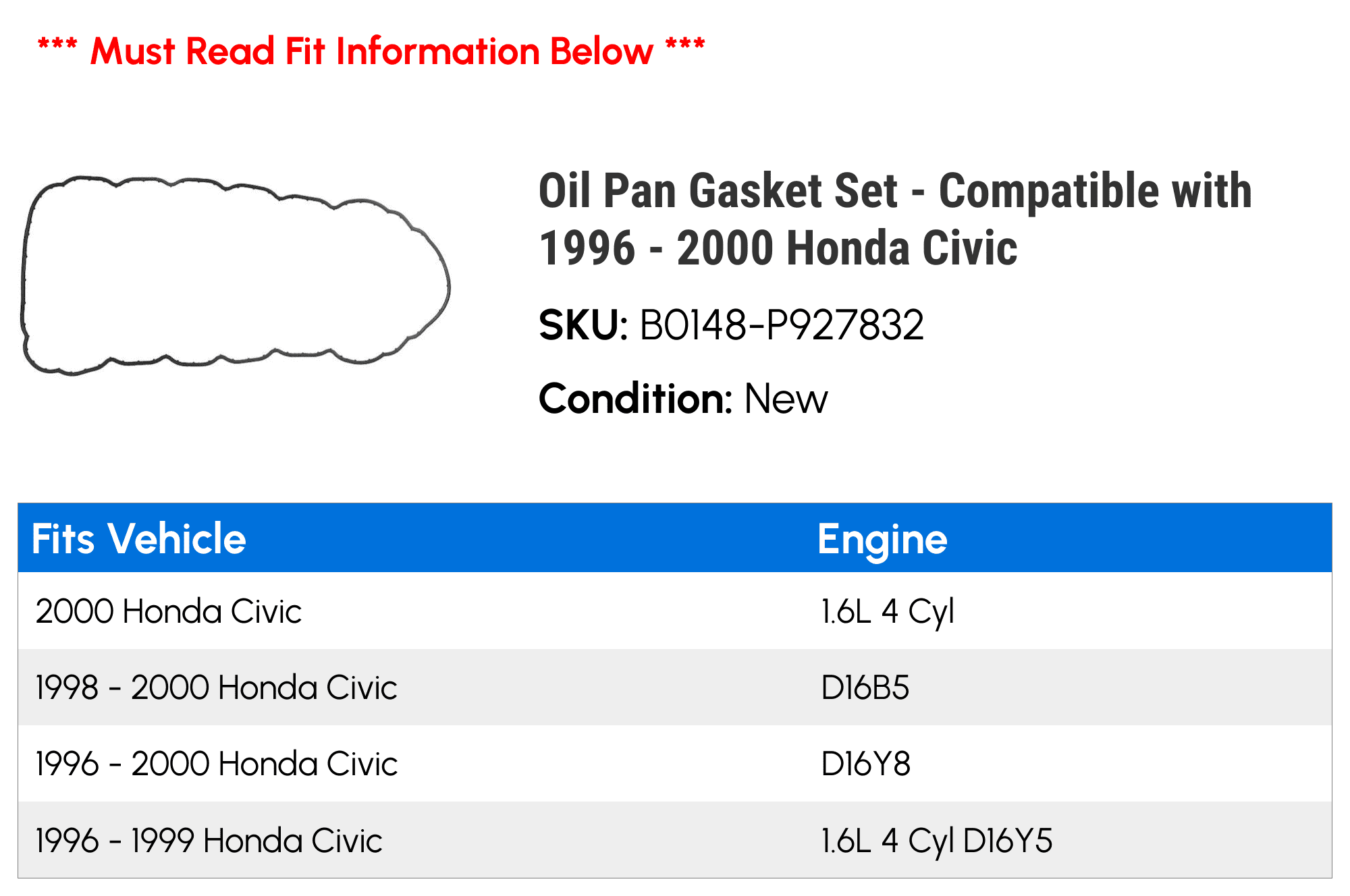 Oil Pan Gasket Set - Compatible with 1996 - 2000 Honda Civic 1997 1998 1999