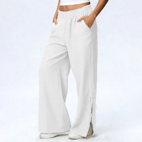 YUNAFFT Elegant Solid Color Cotton Linen Wide Leg Pants with Lace Trim No Drawstring Casual Trousers for Women
