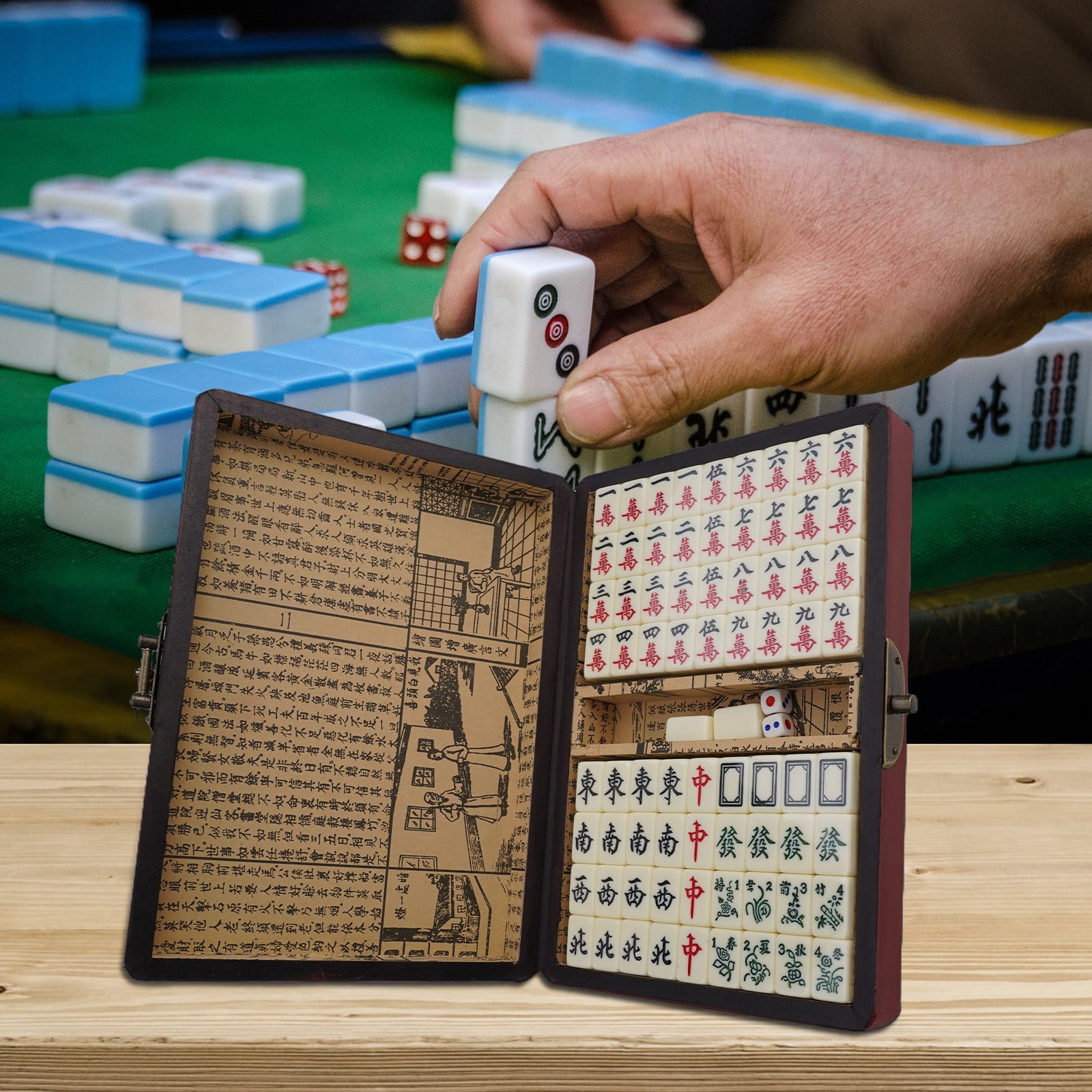 Portable Chinese Mahjong Set with 2pcs Dice Wooden Carrying Case for Travel Game