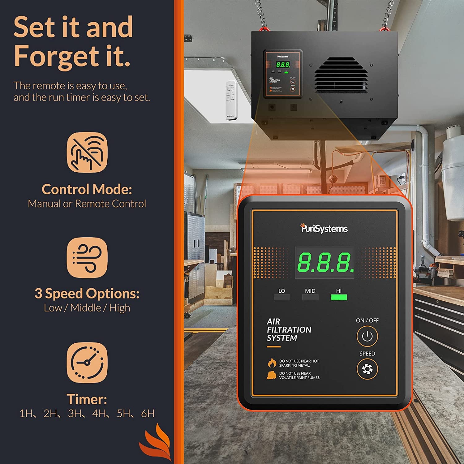 PURISYSTEMS 3-Speed Remote Air Filtration System, PuriCare 500 Hanging Air Filter w/RF Remote for Woodworking, Garage Air Purifier, Shop Dust Collector, up to 500 sq. ft(350 CFM/450 CFM/500 CFM)