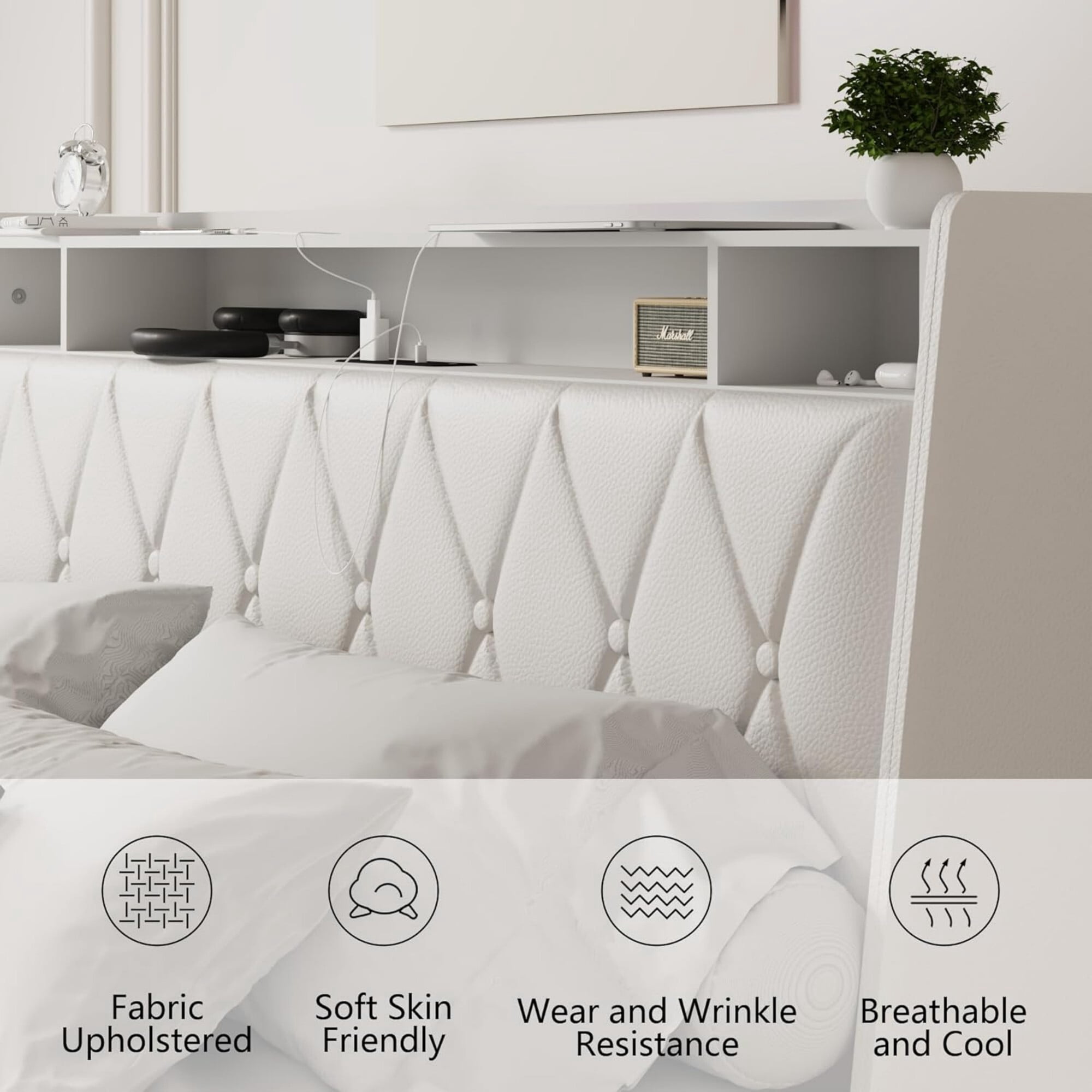 AENKYO Queen Size Bed Frame with LED Lights, Upholstered Storage Headboard & 4 Drawers, and Built-in Charging Station, Beige