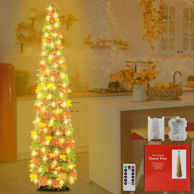 FT Lighted Fall Pop Up Tree Artificial Tinel Maple Tree with LED Lights Timer Battery Operated Collapsible Pencil Tinsel Trees for Fall Harvest Thanksgiving Front Porch Home Decor