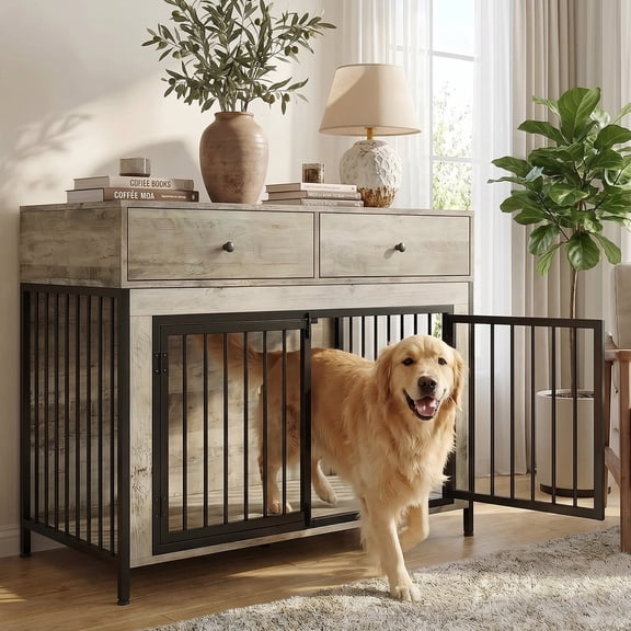 Waleaf 44 inch Dog Crate Furniture with 2 Storage Drawers,Wooden Dog Kennel for Inside,Tables with Dog Crate for Large Medium Dogs