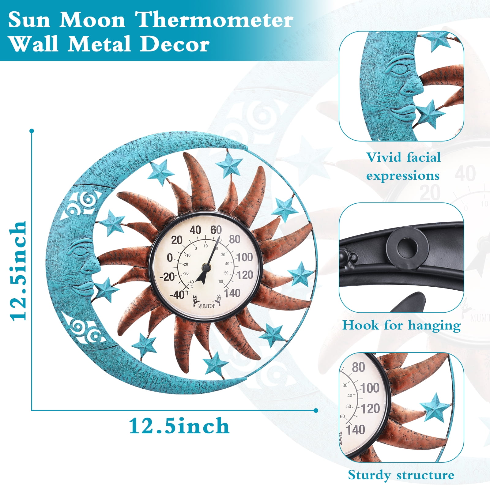 sun and moon outdoor garden thermometer with clock