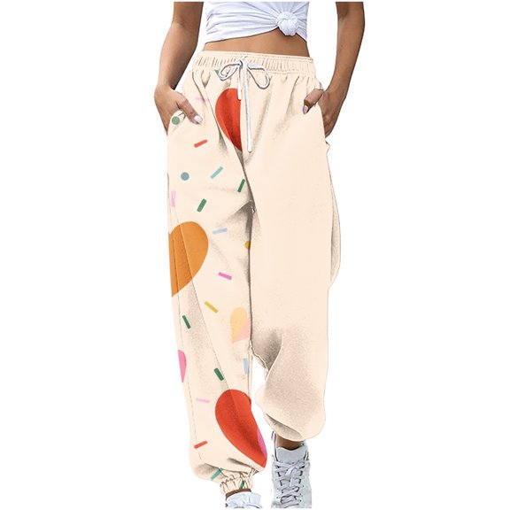 Summer Saving Clearance AXXD Womens Hiking Pants Beige Fall Workout Pocket Loose Sports Drawstring Valentine's Day Printed Pants