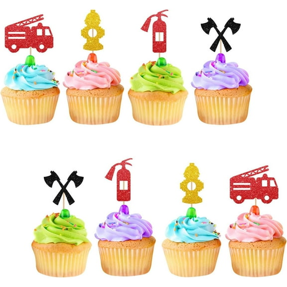 12pcs Fire Truck Cupcake Toppers, Fireman Birthday Cupcake Toppers, Red Glitter Firefighter Cupcake Picks for Kids, Fire Truck Themed Baby Shower Party Supplies