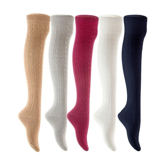 Lian LifeStyle Women's 5 Pair Adorable Comfortable Soft Thigh High Over Knee High Cotton Socks Size 6-9 L1024 Beige,Light Grey,Wine,White,Navy