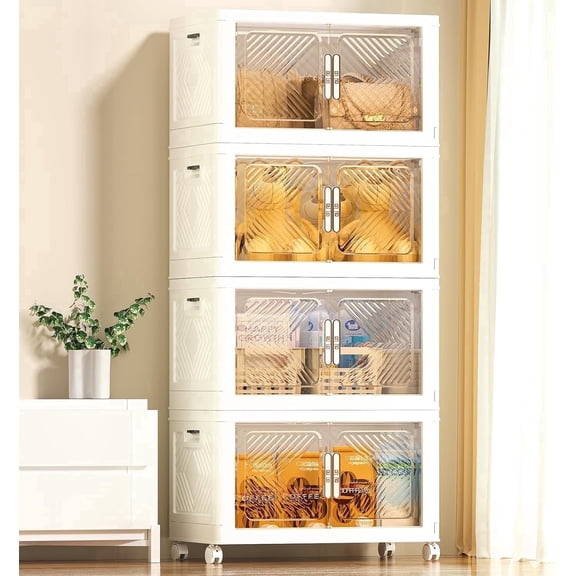 Storage Bins with Lid 76QT, Stackable Storage Containers with Wheels and Magnetic Doors, Plastic Clothes Closet Organizers and Storage Box for Home and Office (4 Pack)