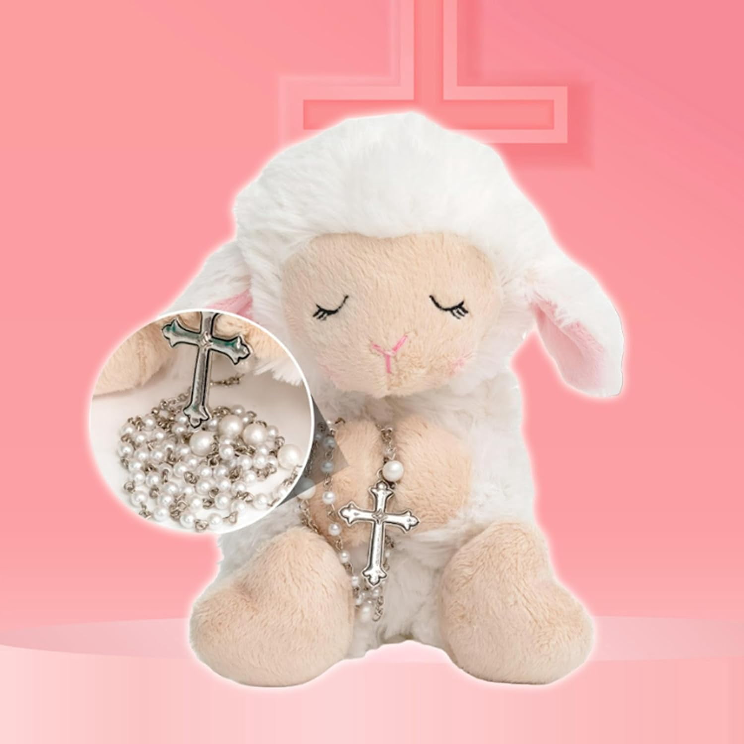 Gan Blessed Plush Lamb 8.5 inches with Rosary Set and Prayer Pamphlet in a box for girls and boys