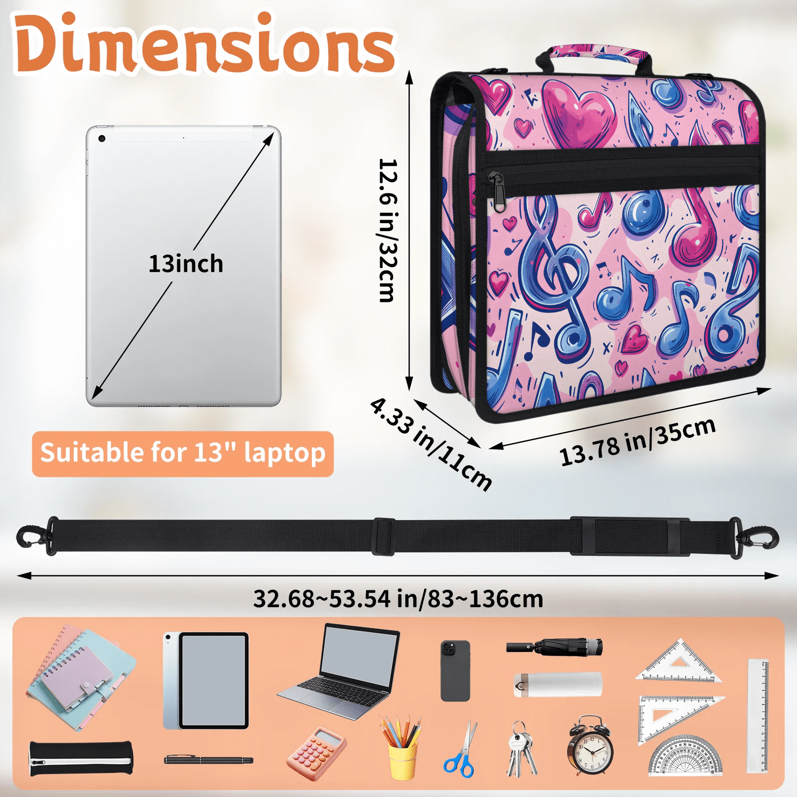 Herdesigns Musical Notes Zipper Binder 1.5 Inch 3 D-Rings with Shoulder Strap & Handle, Waterproof Binder Organizer Bag for 13 Inch Laptop