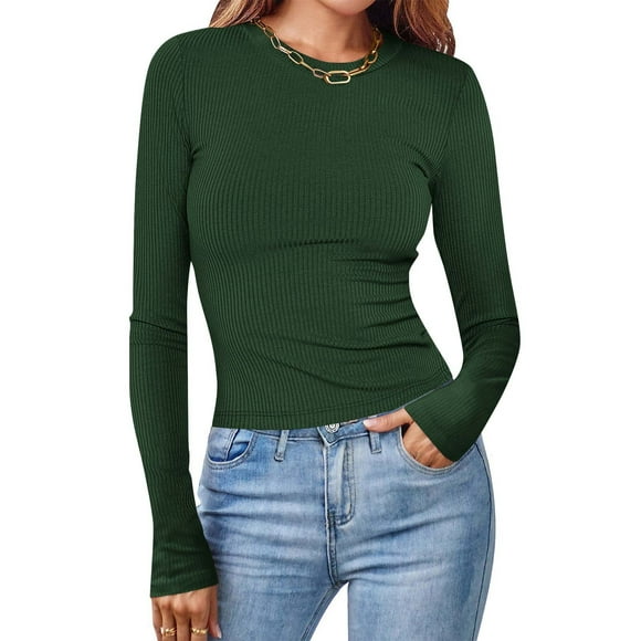 Women's Tops Sale Clearance! Womens Long Sleeve Shirts Crewneck Rib Knit Slim Fit Tops Stretch Ribbed Basic Tee Casual Y2k Going Out T-Shirt
