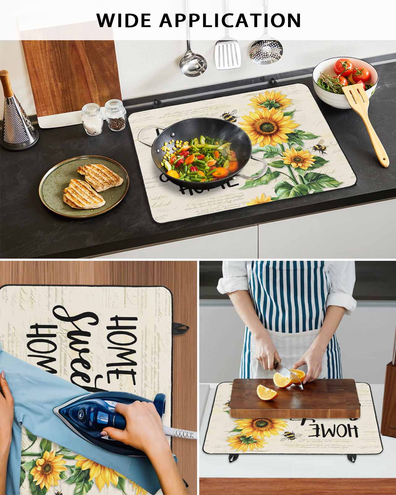 nqOlkjepod Large Induction Cooktop Protector Mat 24"x21", Yellow Sunflower Stove Top Covers for Electric Stove, Bee Floral Farmhouse Country Retro Stove Burner Cover Mats, Glass Top Stove Cover