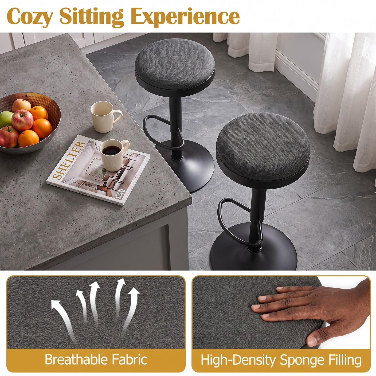 Furnibear Set of 2 Adjustable Bar Stools, 360 Swivel Kitchen Counter Height Stools with Padded Fabric Seat, D-Shaped Footrest and Non-Slip Base, 330 lb Capacity, Black