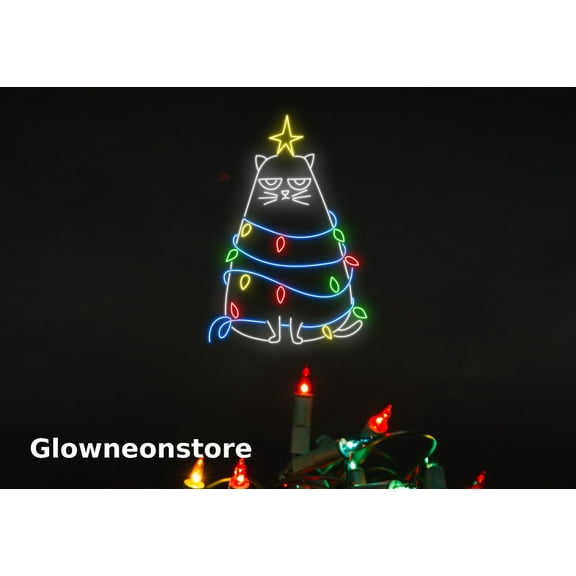 Glowneon Cat Pine Tree Neon Sign, Cat Christmas Led Light, Cat Led Sign, Cat Christmas Neon Sign