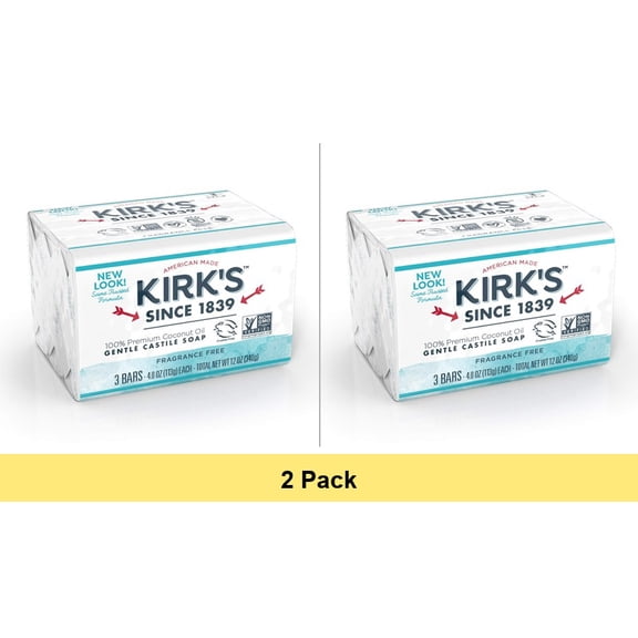 Kirks Natural Original Coco Castile Bar Soaps Fragrance Free 3 Pack - 2 Pack Bundle