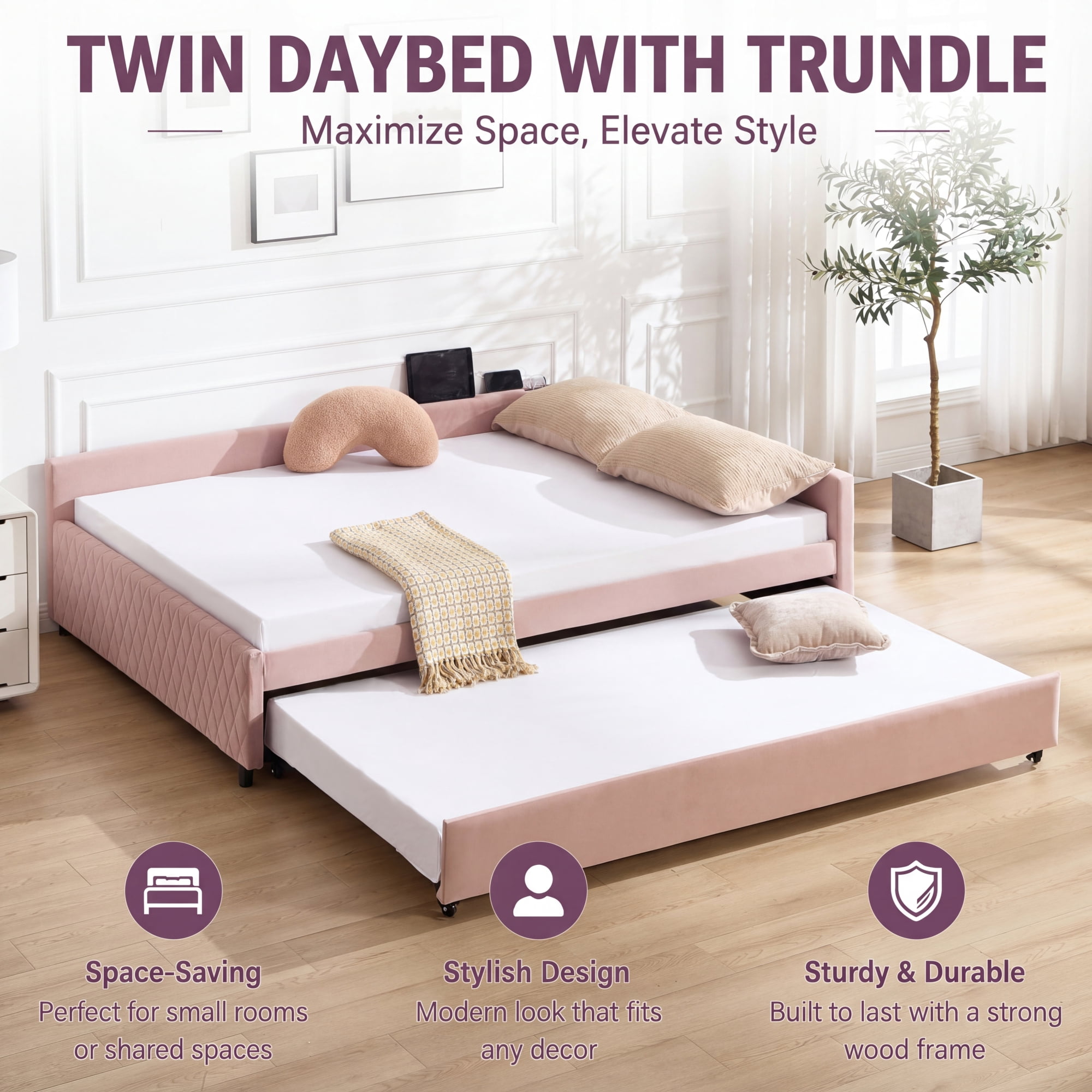 Leumius Upholstered Daybed with Trundle,Sturdy Wooden Bed Frame, Modern Diamond Grid Design for Bedroom Guest Room (Pink)