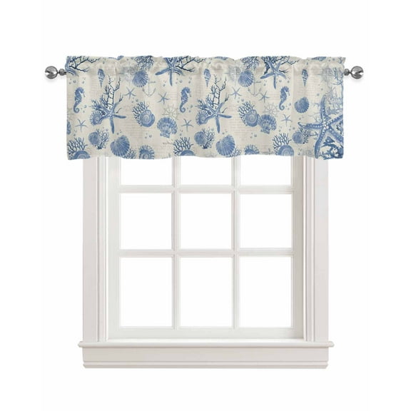 Blue Coastal Starfish Kitchen Valances for Windows Farmhouse Linen Window Valance Curtain for Living Room Window Treatment Beach Ocean Nautical Shells Conch Valance Rod Pocket Topper, 42 x 12 Inch