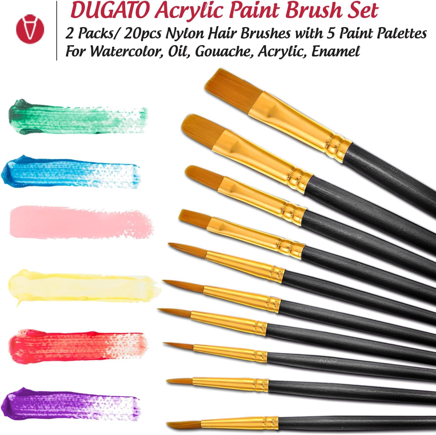 JJEAN-Paint Brushes Palettes Set by , 2 Packs/20 Easter Egg Painting Brushes - Assorted Sizes and Shapes with 5 Paint Trays for Acrylic Watercolor Oil Gouache Tempera and Body Painting (Black)