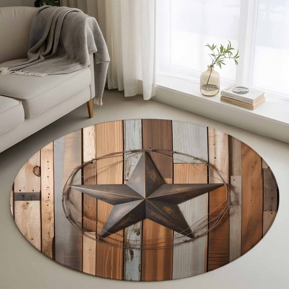 Country Star Brown Round Area Rug 3 FT, Small Kitchen Bathroom Mat, Western Texas Vintage Farmhouse Wooden Washable Indoor Outdoor Throw Runner Carpet Doormat for Table Shower Sofa Entryway