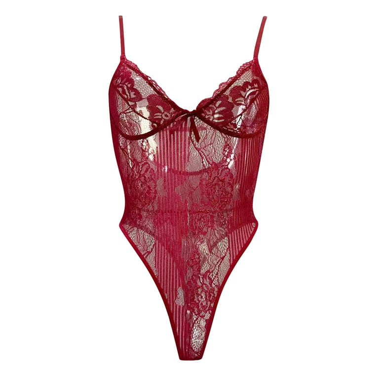 Pimfylm Pinsy Shapewear Bodysuit Lace Women's Embroidered lace Thin Bra,  Low-Cut Push-up Underwear Panty Set Red X-Large