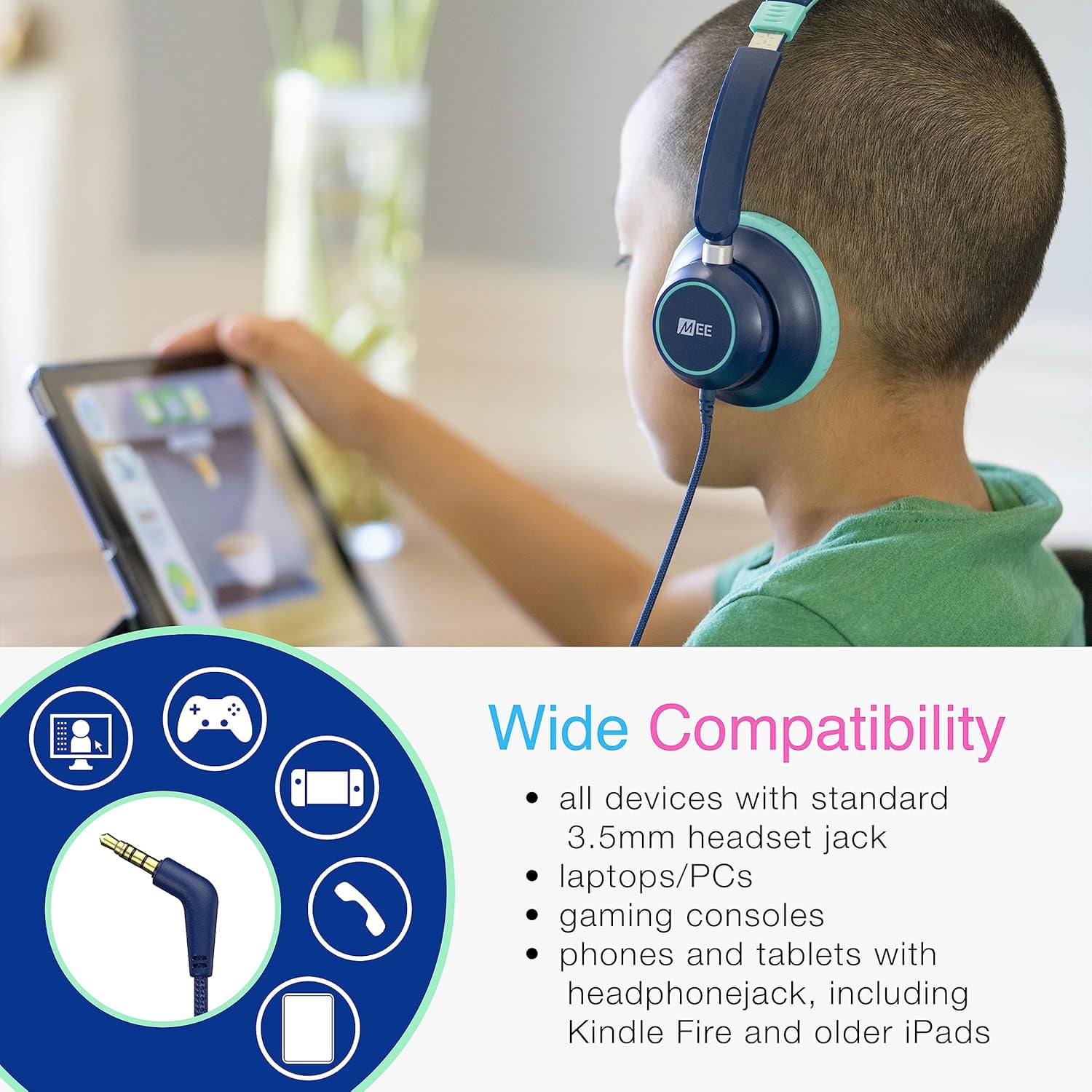 2 Pack Blue MEE audio KidJamz KJ45 Kids Headphones with 3.5mm Plug, Safe Listening for Boys and Girls / Students / School / Library / Classroom with Volume-Limiting Technology and Inline Microphone