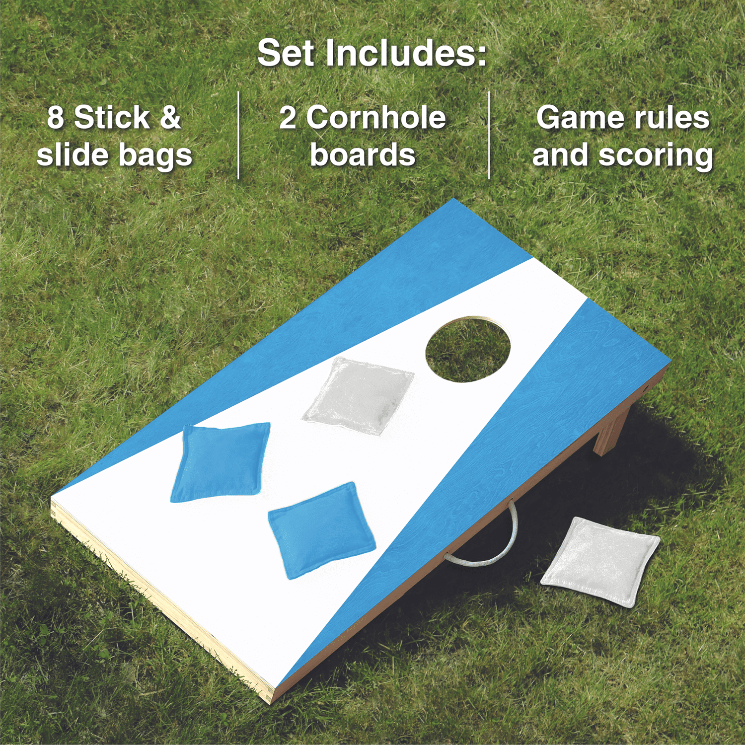 Wooden Cornhole Set, Baby Blue & White Colors, Stick & Slide Bags, 10 Pieces, 2 Boards, 8 Bean Bags, Family Games, College Games, Ages 3+ by MinnARK