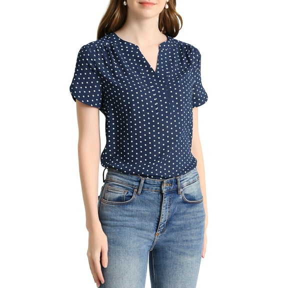 Unique Bargains Women's V Neck Dots Printed Short Sleeve Work Office Blouse Top L Navy Blue