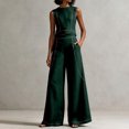 thumbnail image 5 of Szluipve 2 Piece Sets for Women Contrast Stitch 2 Piece Outfits Sleeveless Round Neck Crop Tank Top & High Waist Wide Leg Long Pants Elegant Casual Matching Set with Pockets Green 2XL, 5 of 9