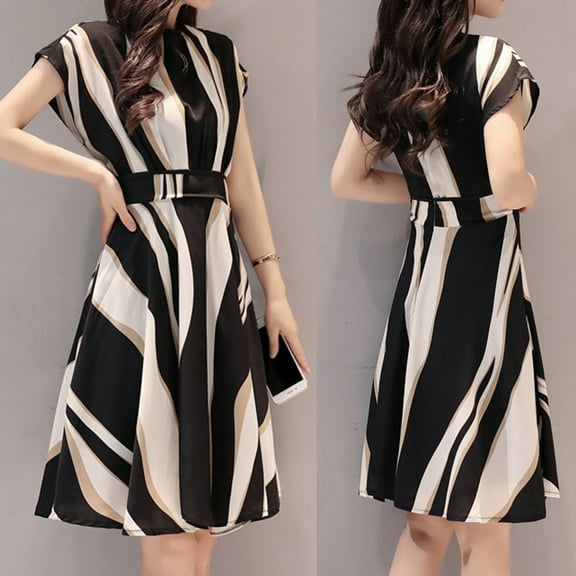 Relanfenk Fashion Women Business Dress Belt O-Neck Short Sleeve Knee Length Dress Casual Dress