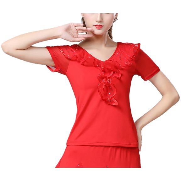 Ballroom Latin Frill Neck Layering Dance Top Layers Of Frills Around The Neck V Neck Short Sleeve