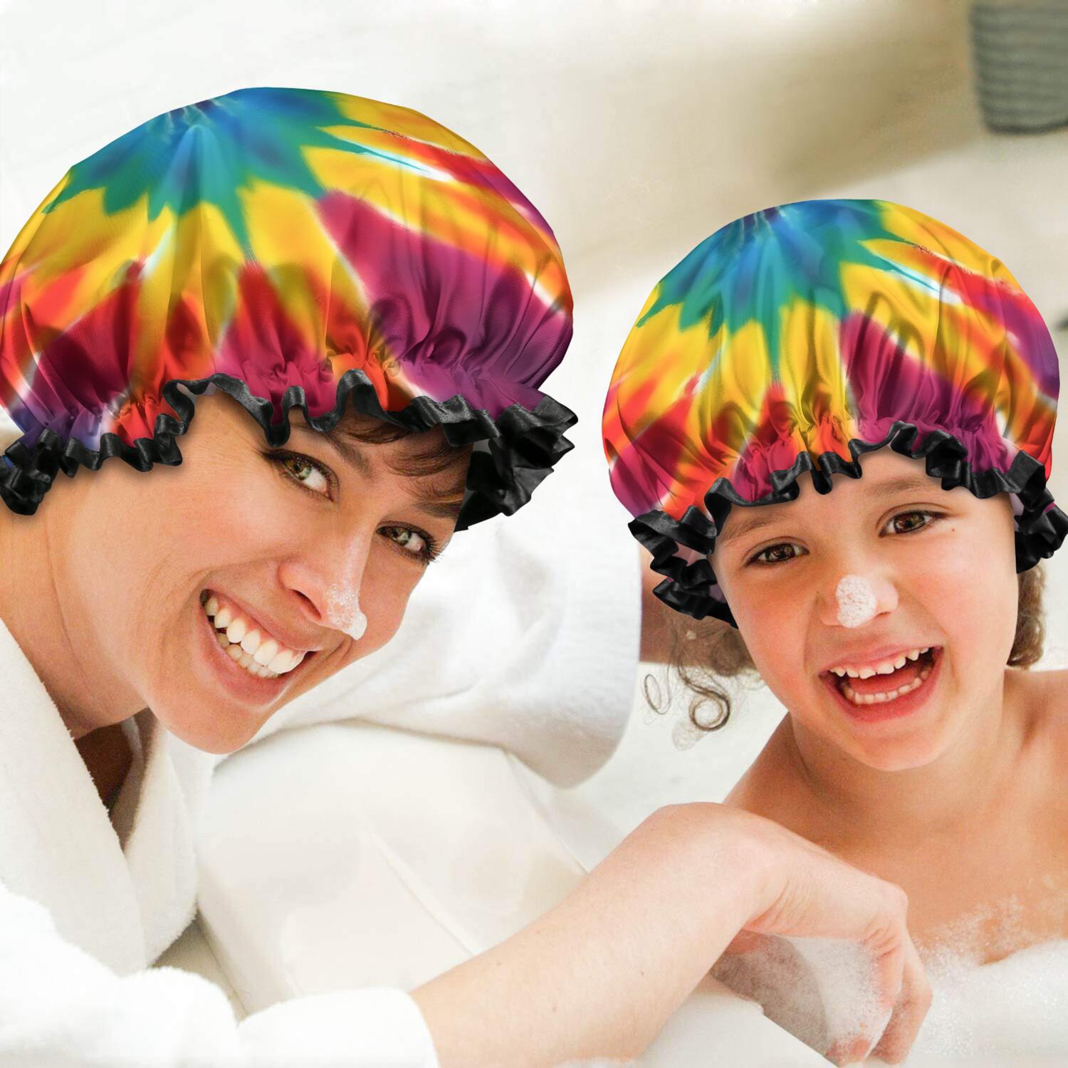 Shower Caps,Rainbow Tie Dye Mandala Pattern Waterproof Shower Cap for Women 4 Pieces,Double Reusable Hair Cover for Shower PEVA Elastic Stretch Hem