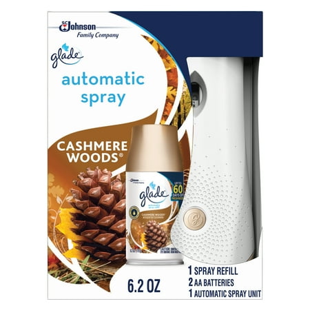 - Glade Automatic Spray Holder and Cashmere Woods Refill Starter Kit, Battery-Operated Holder for Automatic Spray Refill, Up to 60 days of Freshness, 10.2 oz, 1 6.2 oz Refill