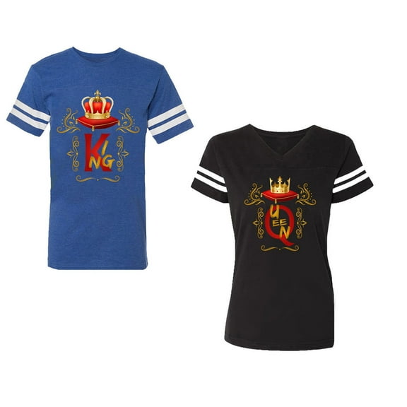 King Queen Gold Crown Unisex Couple Matching Cotton Jersey style T-Shirt Contrasting stripes on sleeves (Men Royal / Women Black) (Men S / Women S)
