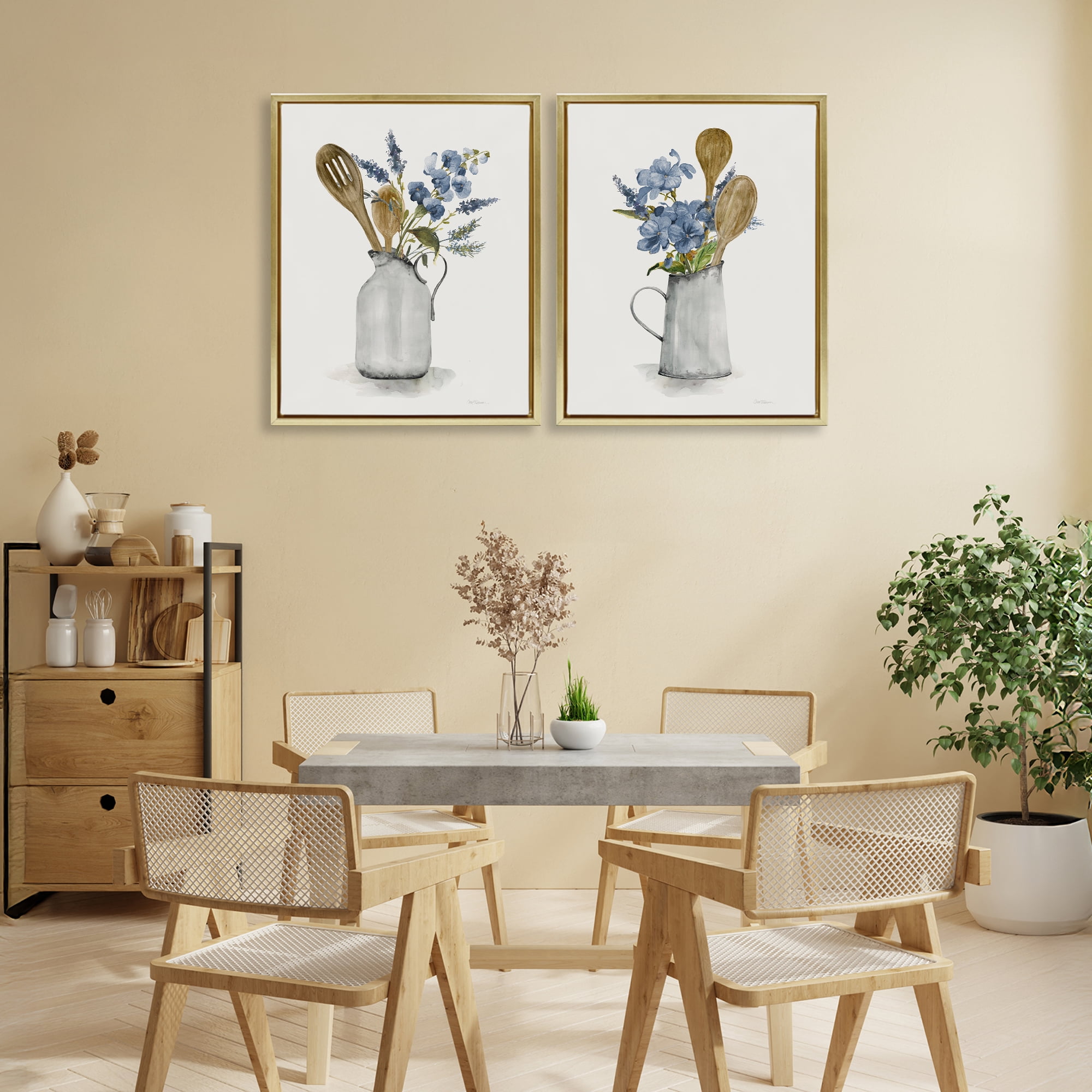 Stupell Industries Kitchen Pitcher Bouquets 2 Piece Gold Framed Floater Canvas Set, design by Carol Robinson