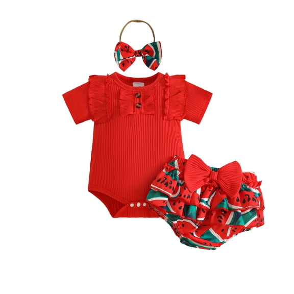 Karoyedx Infant Girl Outfits Infant Baby Girl Clothes Newborn Summer Outfits Cute Romper Shorts Set Floral Girl Clothes with Headband Red Size,12-18 Months