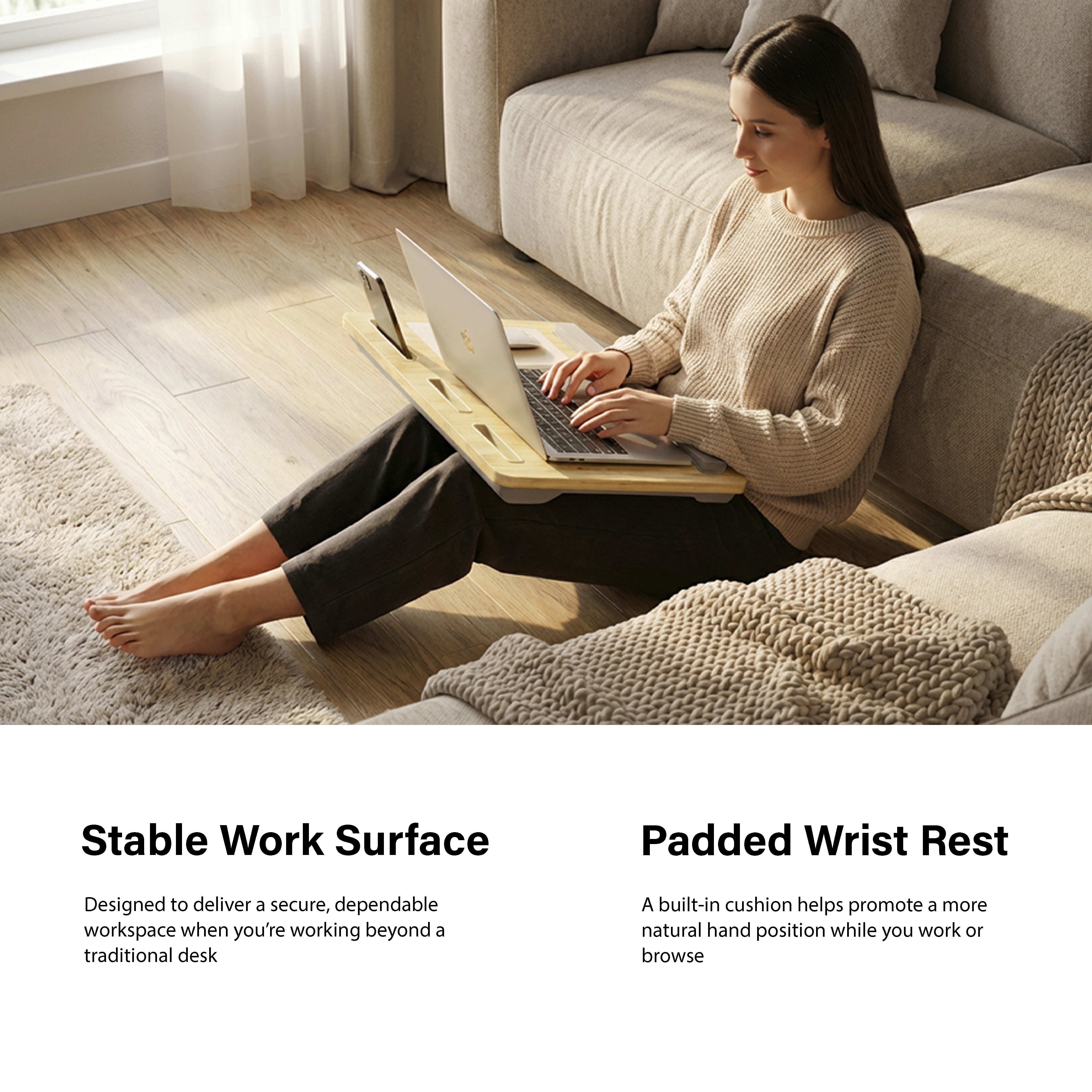Incipio Portable Lap Desk Workstation with Cushion Base & Carry Handle, Built-in Mouse Pad, Tablet & Phone Holder Slots, Adjustable Laptop Stand for Bed, Couch & Office Use-Oak