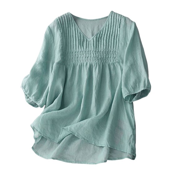 LIIPEE Womens T-Shirts Casual Solid Color V-Neck Puff Elbow-Length Peasant Ladies Summer Baggy Comfortable Breathable Soft Daily Fashion Ruched Tee Tops,L
