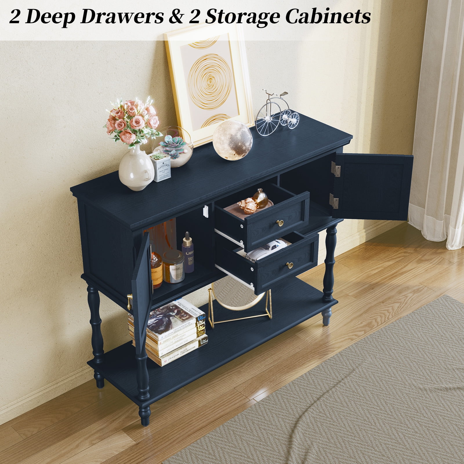 CBJCBJ 42" Farmhouse Console Table , 2 Drawer Narrow Long Entryway Table with Open Storage Shelf , for Living Room, Blue