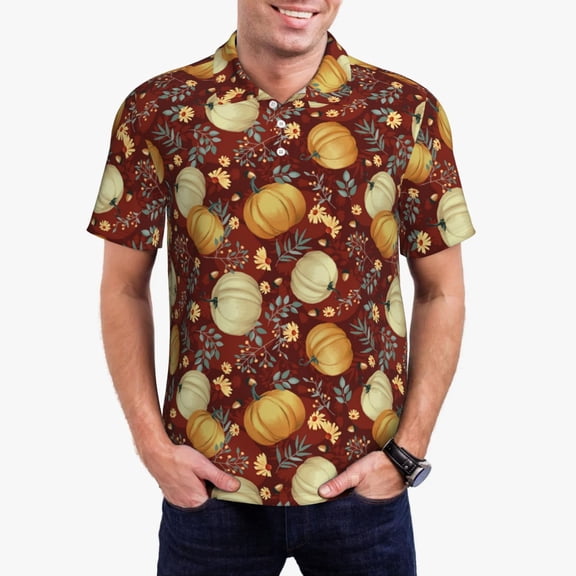Kdxio Pumpkin Leaf Daisy Print Men's Short Sleeve Polo Shirt,Midweight Men's Shirt-Small