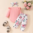 thumbnail image 3 of CAUYDY Newborn Picture Outfit for Baby Girls 0 3 6 9 Months 1T Toddler Ruffle Long Sleeved Jumpsuit Pants Headband 3-Piece Clothes Set Cute Pink Sizes 3-6 Months, 3 of 9