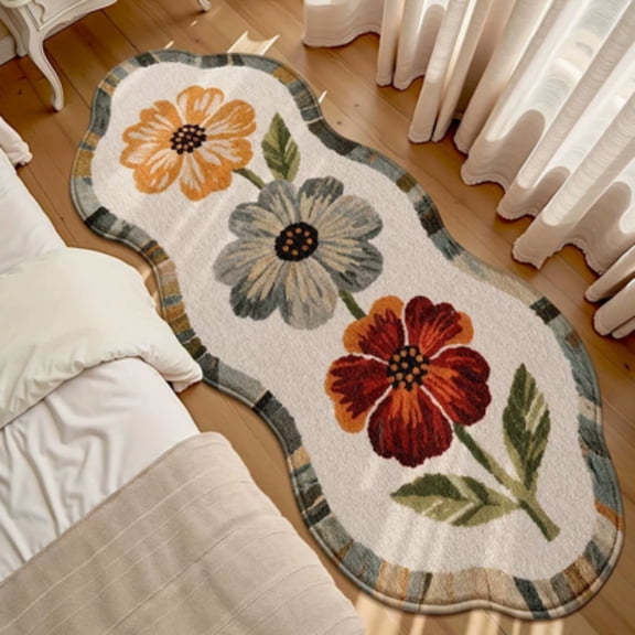 Vintage Floral Wavy Runner Rug, Irregular Scalloped Floor Mat, Decorative Area Rug for Living Room, Bedroom, Entryway and Home