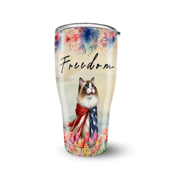 Freedom Ragdoll on Independence Day 4th of July 30oz Stainless Steel Tumbler Insulated Cup with Lid Cat Lover Kitten Owner Gifts Idea - 01005