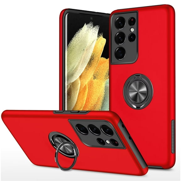 SZMLOGB Phone Case for Samsung S21 ultra 5G with Ring Holder Shock Resistant Scratch Resistant PC Silicone Heavy Duty Protective Case-red