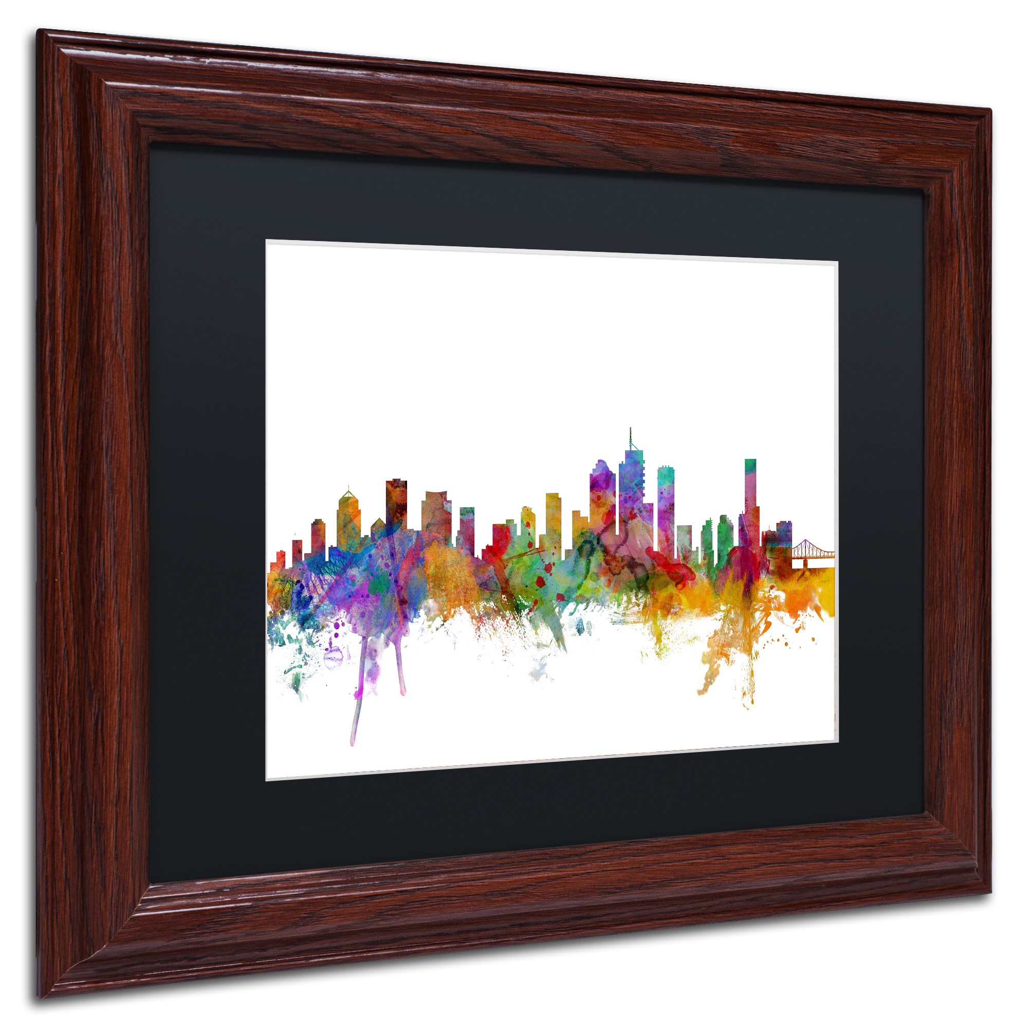 Trademark Fine Art "Brisbane Australia Skyline" Canvas Art by Michael Tompsett Black Matte, Wood Frame