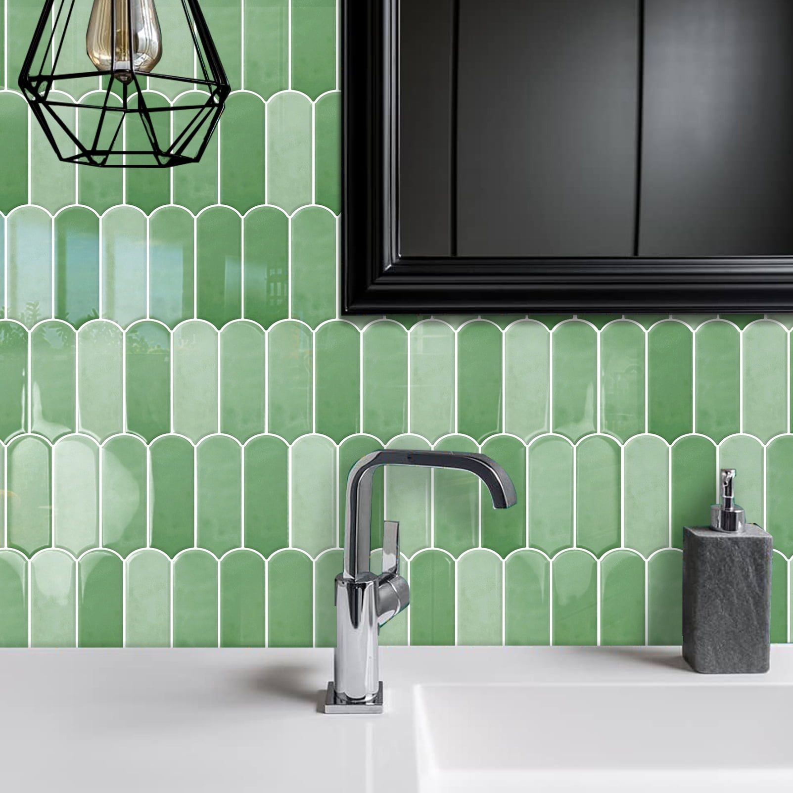 DEWOO 10-Sheet Upgraded Thicker Peel and Stick Kitchen Backsplash Tiles,Waterproof Self-Adhesive Vinyl Wall Tile Fish Scale Mosaic Design,for Bathroom,Fireplace and RV(Light Green,12"×12")