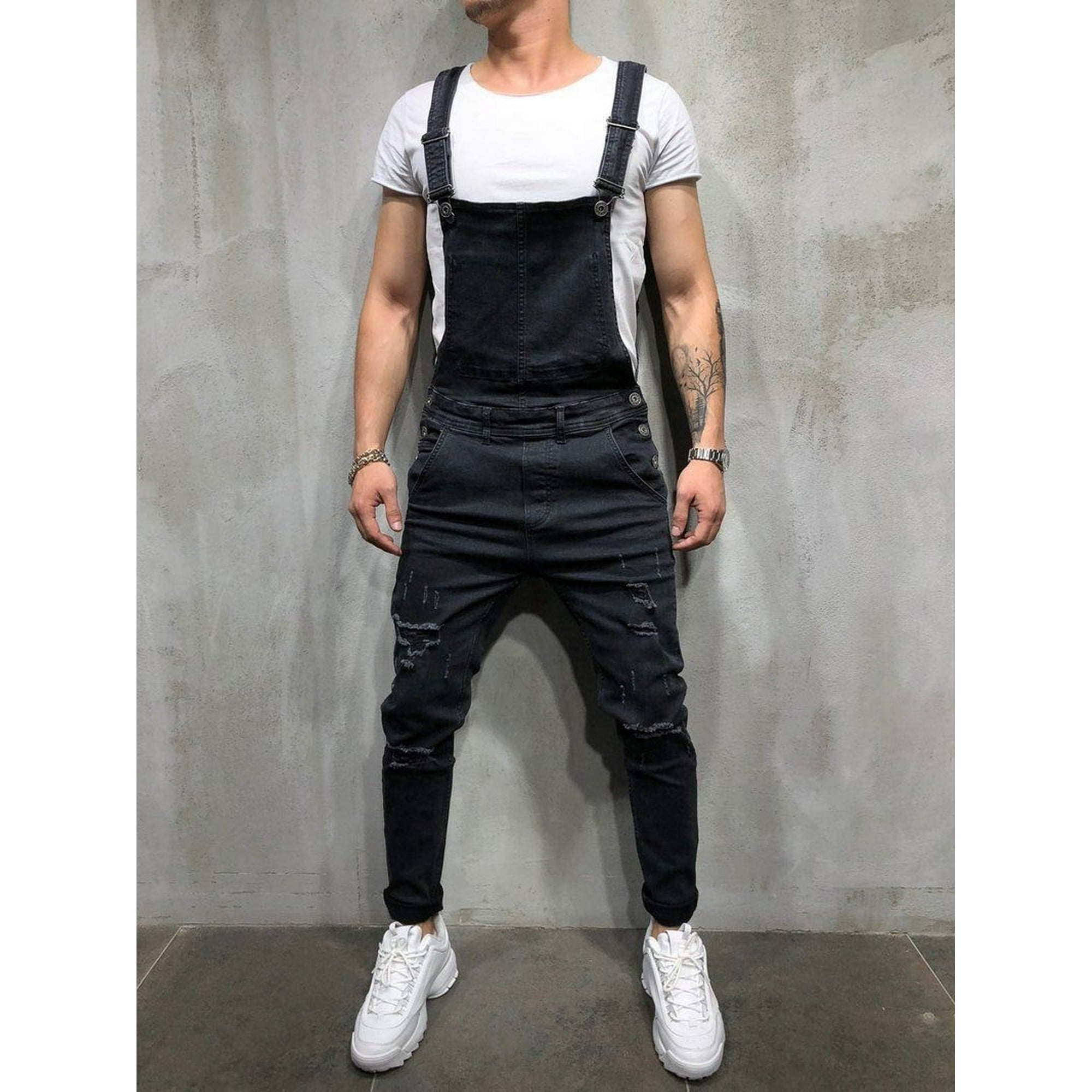 Honganda Men s Distressed Denim Carpenter Overalls Bib Jumpsuits Moto Biker Jean Pants Black